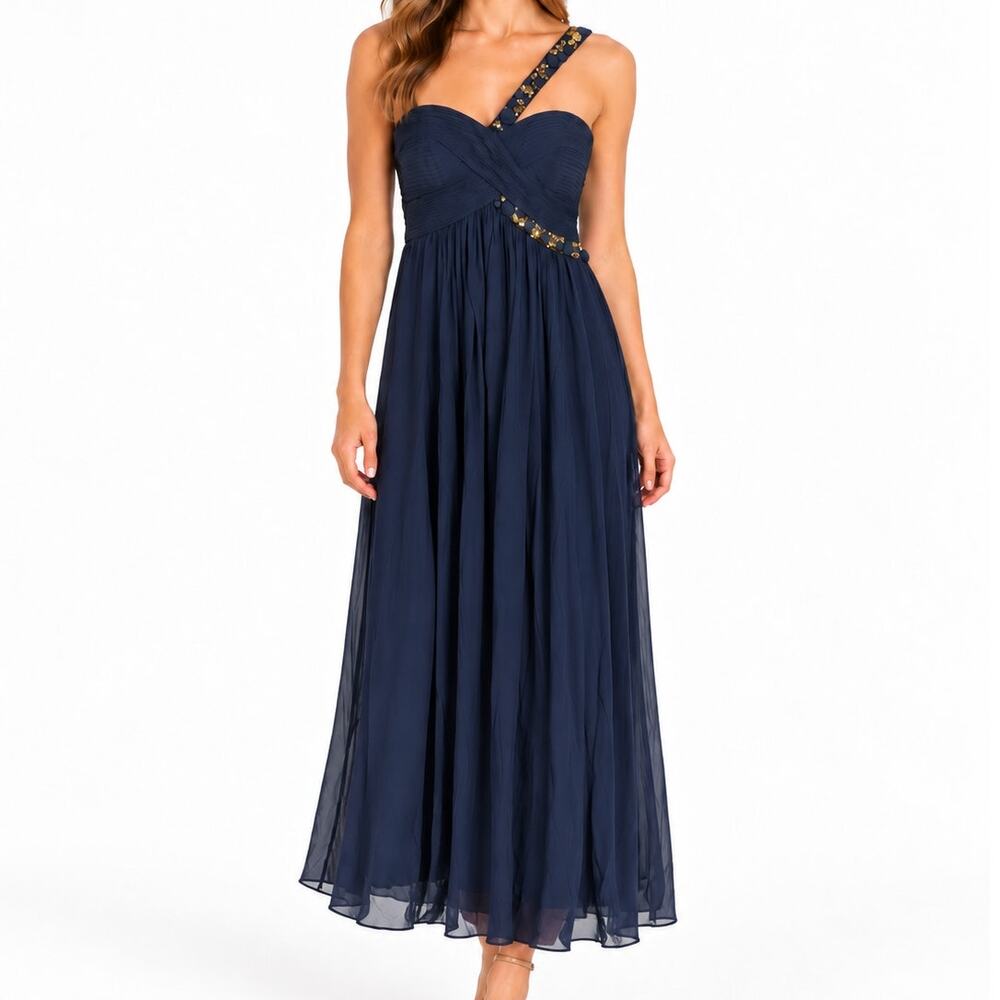 BCBG Max Azria Neta Navy Silk Jewel Embellished One Shoulder Gown Size 0